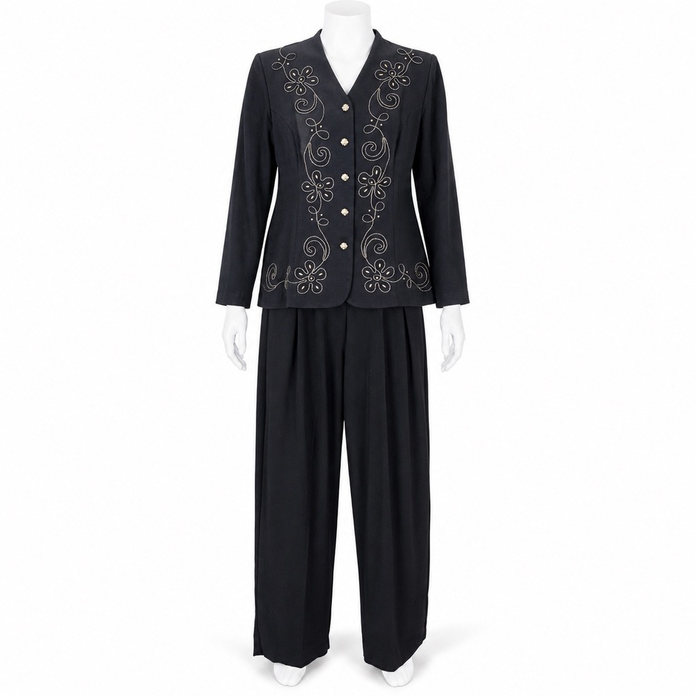 R&M Richards Pant Suit Size 10 Black Vintage Embroidered Soutache 2pc Blazer Set